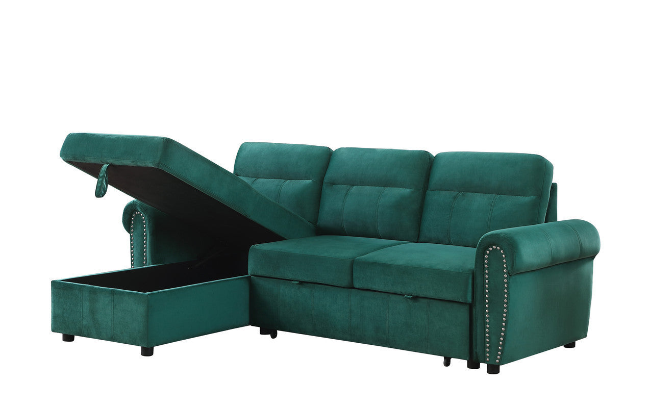 Ashton 96.5" Green Velvet Fabric Reversible Sleeper Sectional Sofa Chaise
