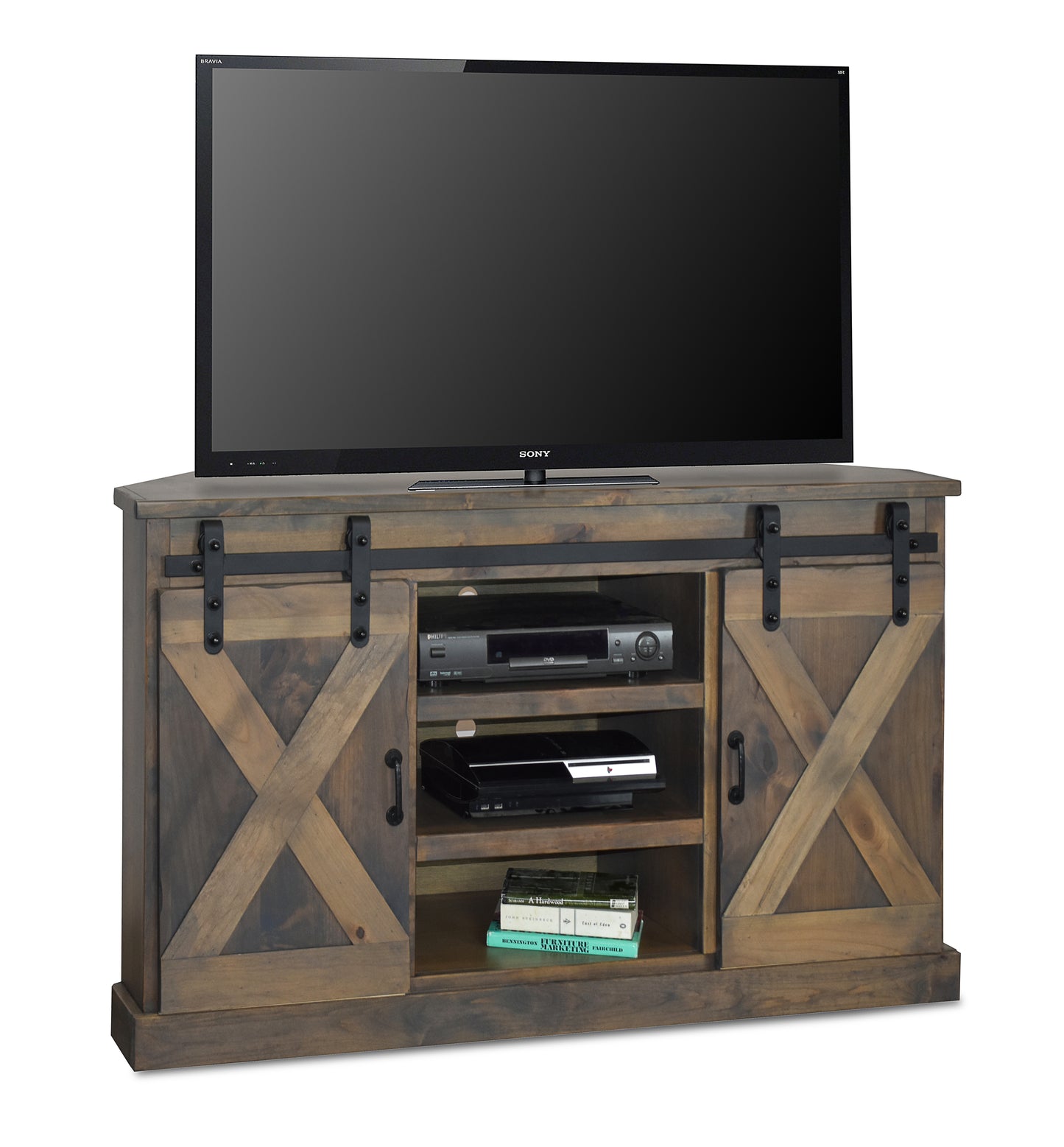Bridgevine Home Farmhouse 56 inch Corner TV Stand for TVs up to 60 inches, No Assembly Required, Barnwood Finish