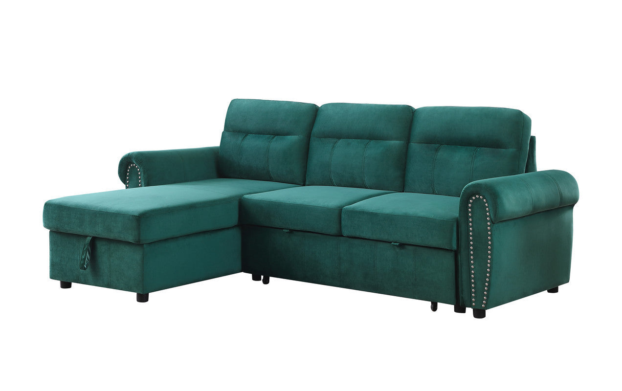 Ashton 96.5" Green Velvet Fabric Reversible Sleeper Sectional Sofa Chaise