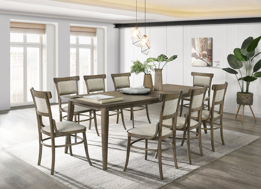 Bistro 88" Vintage Walnut 9 Piece Dining Table with Extension Leaf and Off White Fabric Dining Chairs