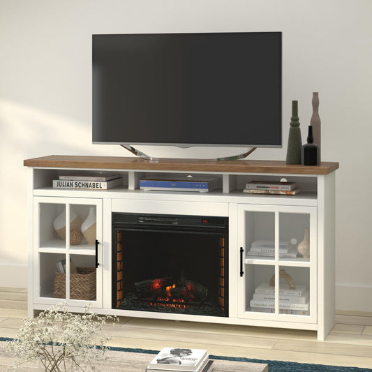 Bridgevine Home Hampton 74 inch Fireplace TV Stand Console for TVs up to 85 inches, Jasmine Whitewash and Barnwood Finish