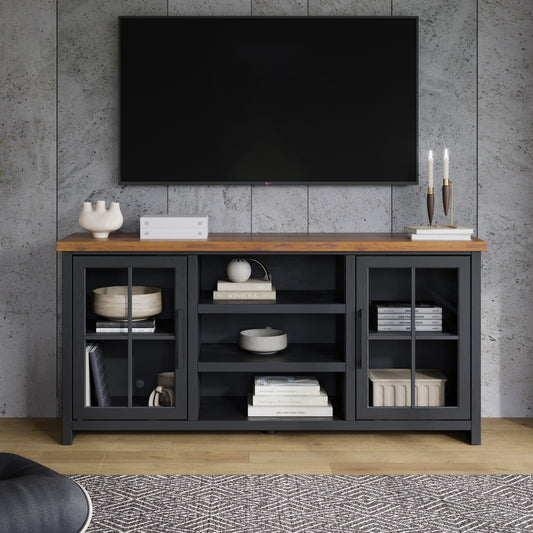 Bridgevine Home Essex 67 inch TV Stand Console for TVs up to 80 inches, No Assembly Required, Black and Whiskey Finish