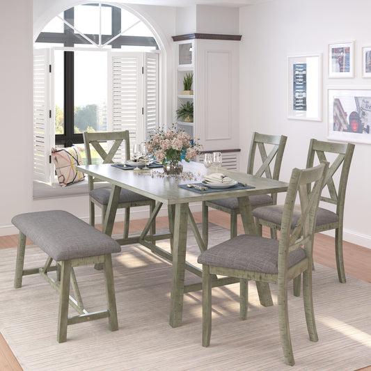 TOPMAX 6 Piece Dining Table Set Wood Dining Table and chair Kitchen Table Set with Table, Bench and 4 Chairs, Rustic Style, Gray(No Difference with SH000109AAE)